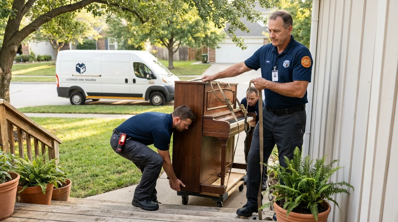 Licensed piano movers securing grand piano in Oxford, KS