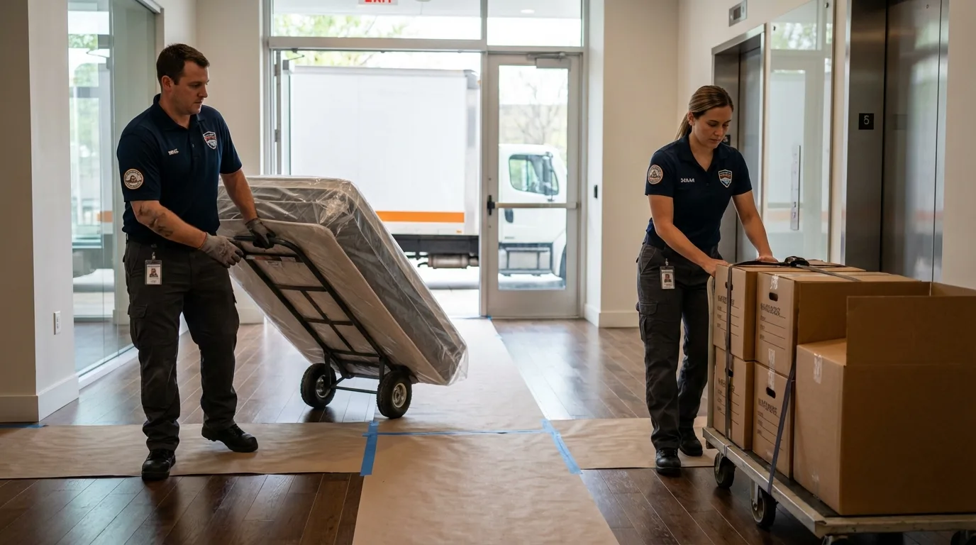 Professional apartment movers loading elevator in Oxford, KS