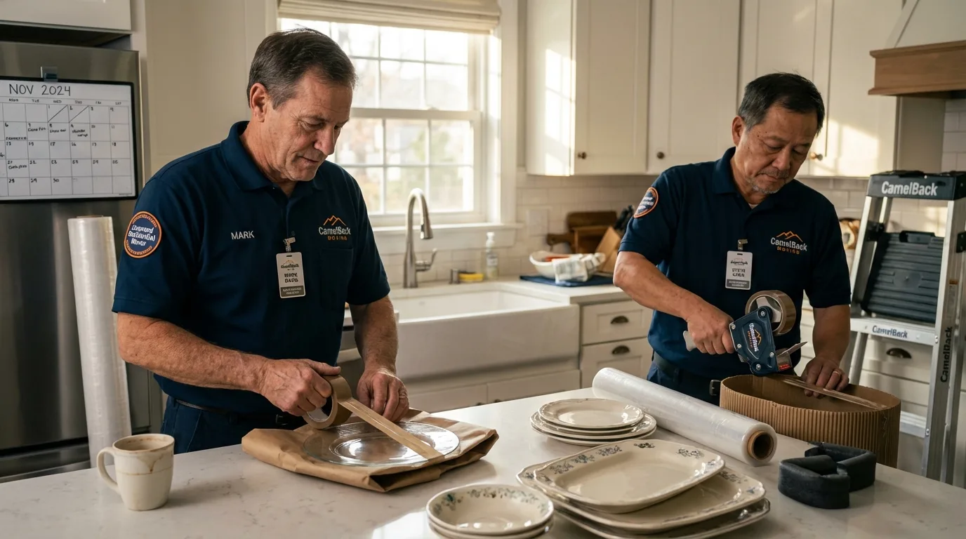 Professional crew packing kitchen dishware in Oxford, KS